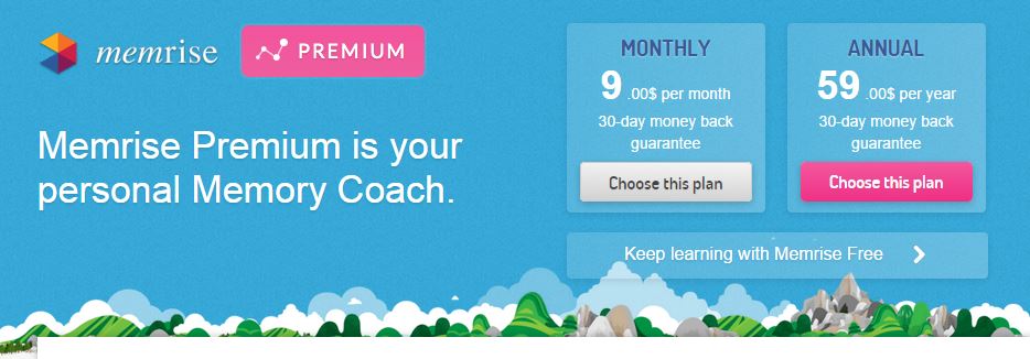 Two plans for memrise: 9 USD per month and 59 USD per year